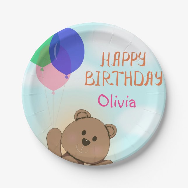 Personalise, personal, birthday, Teddy bear Paper Plate (Front)