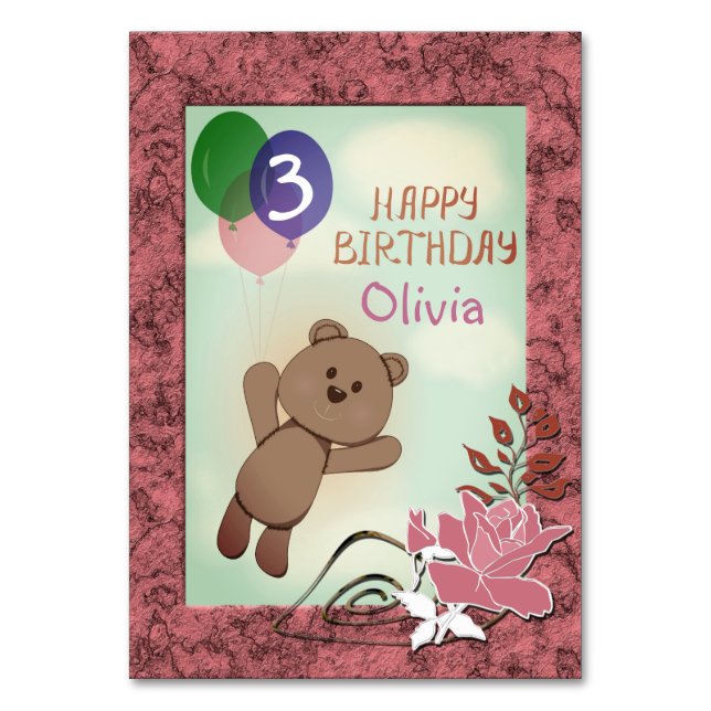 Personalise, personal, birthday, Teddy bear Table Number (Front)