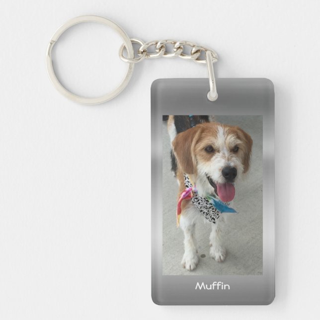 Personalise Pet Photo & Names Faux Metallic Silver Key Ring (Front)