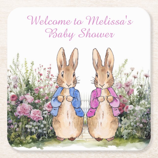 Personalise Peter and Flopsy Baby shower with name Square Paper Coaster (Front)