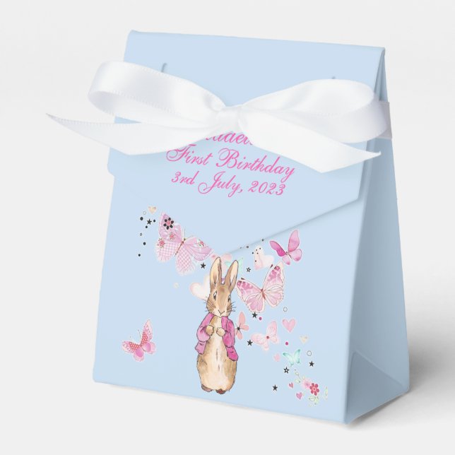 Personalise Peter Rabbit 1st Birthday Pink Jacket  Favour Box (Front Side)