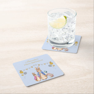 Personalise Peter rabbit 1st Birthday Square Paper Coaster