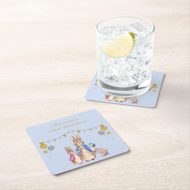 Personalise Peter rabbit 1st Birthday Square Paper Coaster (Insitu)