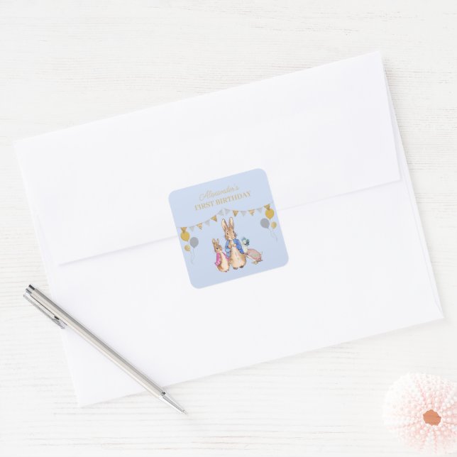 Personalise Peter rabbit 1st Birthday Square Sticker (Envelope)