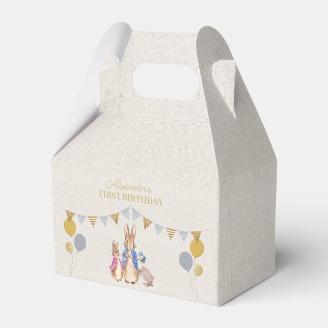 Personalise Peter rabbit beige linen 1st Birthday Favour Box (Back Side)