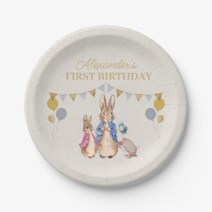 Personalise Peter rabbit beige linen 1st Birthday Paper Plate