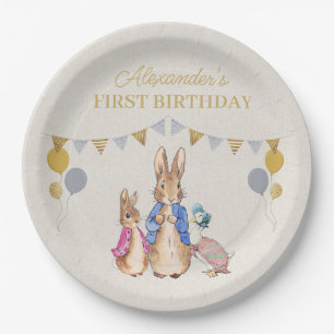 Personalise Peter rabbit beige linen 1st Birthday Paper Plate