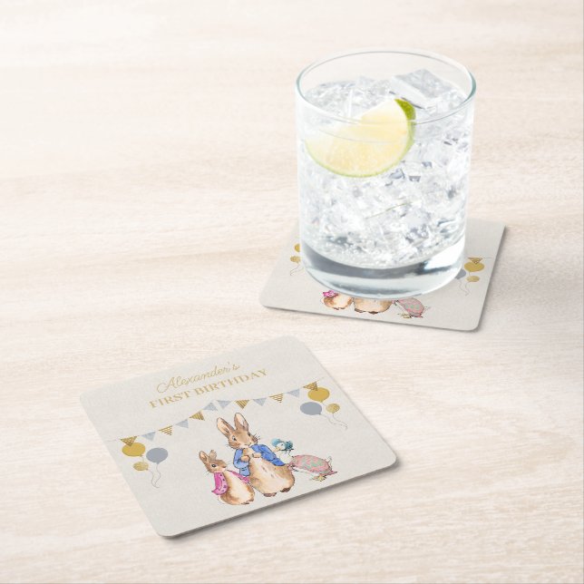 Personalise Peter rabbit beige linen 1st Birthday Square Paper Coaster (Insitu)