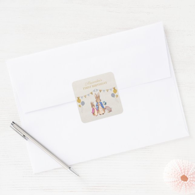 Personalise Peter rabbit beige linen 1st Birthday Square Sticker (Envelope)
