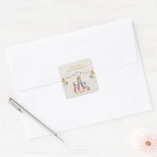 Personalise Peter rabbit beige linen 1st Birthday Square Sticker