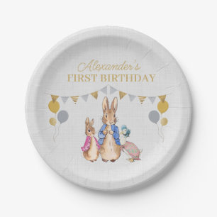Personalise Peter rabbit grey linen 1st Birthday Paper Plate