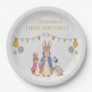 Personalise Peter rabbit grey linen 1st Birthday Paper Plate