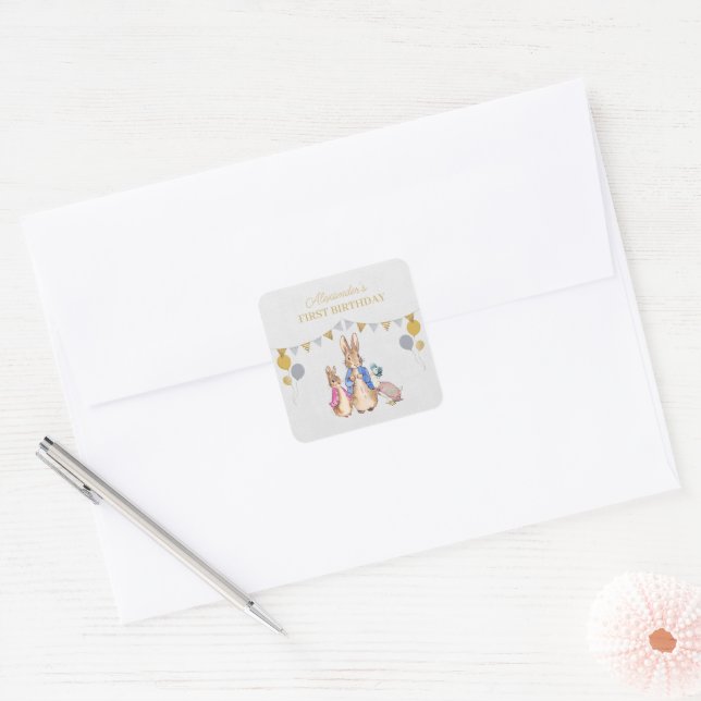 Personalise Peter rabbit grey linen 1st Birthday Square Sticker (Envelope)