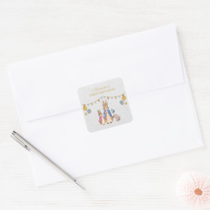 Personalise Peter rabbit grey linen 1st Birthday Square Sticker