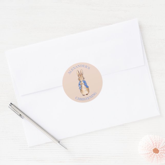 Personalise Peter the rabbit Christening Classic Round Sticker (Envelope)
