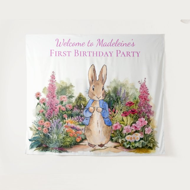 Personalise Peter the rabbit First Birthday Party Tapestry (Front (Horizontal))