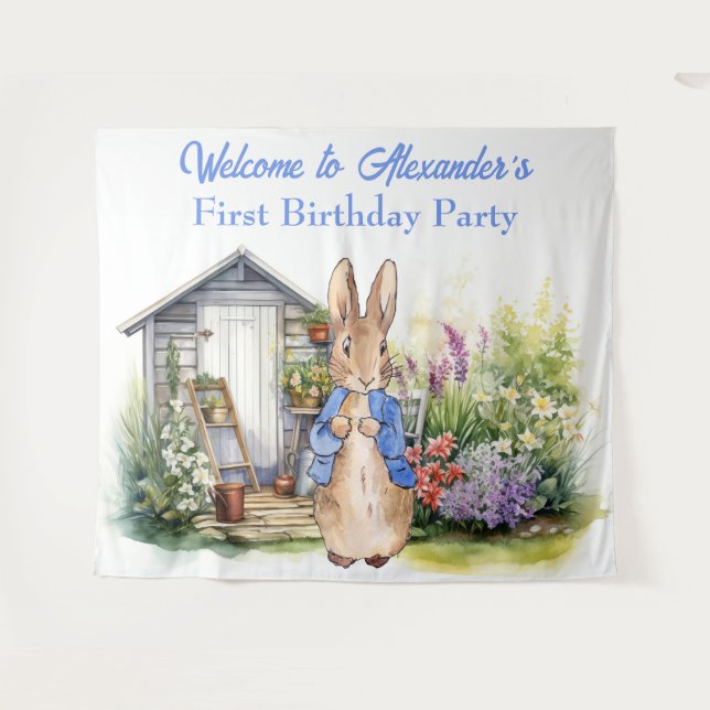 Personalise Peter the rabbit First Birthday Party Tapestry (Front (Horizontal))