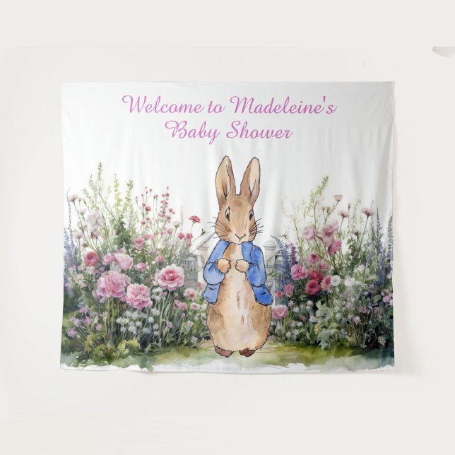 Personalise Peter the rabbit in garden baby shower Tapestry (Front (Horizontal))