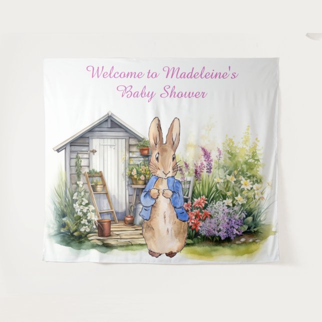 Personalise Peter the rabbit in garden baby shower Tapestry (Front (Horizontal))