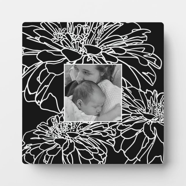 Personalise photo black white floral line drawing  plaque (Front)