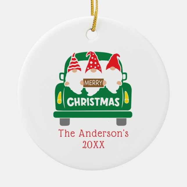 Personalise Photo Christmas Gnomes Truck Christmas Ceramic Ornament (Front)