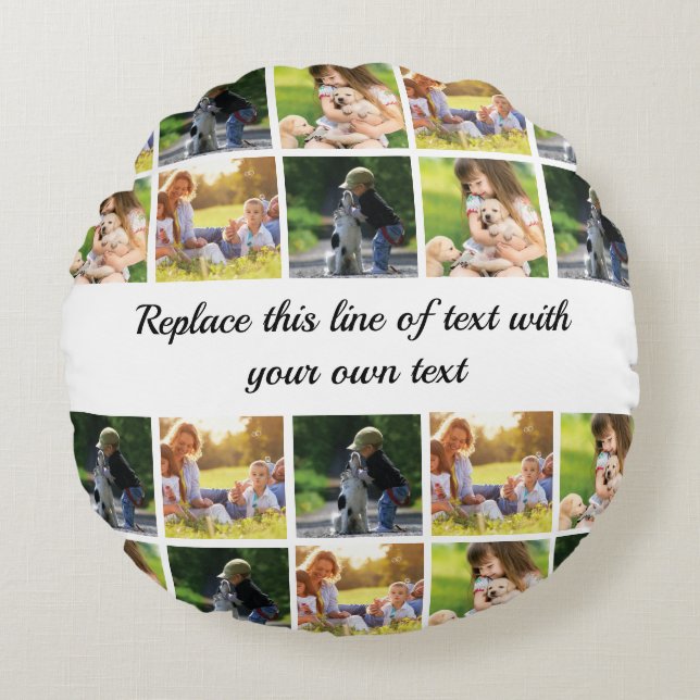 Personalise photo collage and text round cushion (Front)