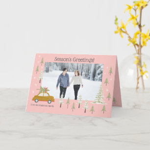 Personalise Photo Retro Woodland Pink Christmas  Card