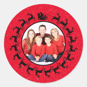 Personalise PHOTO Santa's Sleigh Christmas Red Classic Round Sticker