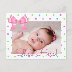 Personalise Photo "She's Here"  Birth Announcement Postcard