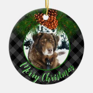 Personalise photo template grey plaid Holiday Pet  Ceramic Ornament