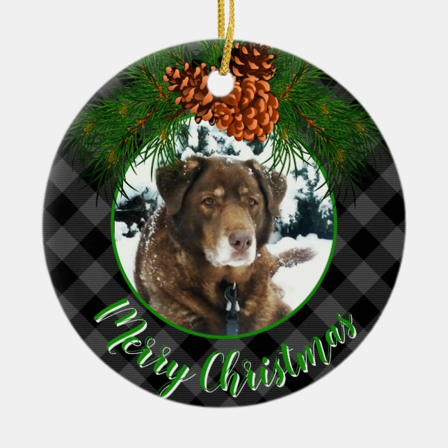 Personalise photo template grey plaid Holiday Pet  Ceramic Ornament (Front)