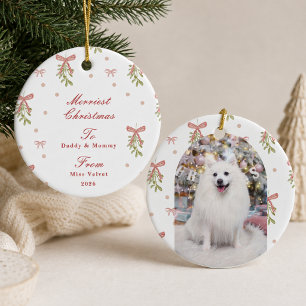Personalise Pink Bow Mistletoe Pet Photo Christmas Ceramic Ornament