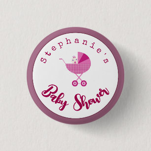 Personalise Pink Carriage Baby Shower Favour 3 Cm Round Badge