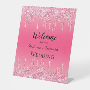 Personalise Pink Dripping Glitter Wedding Welcome Pedestal Sign