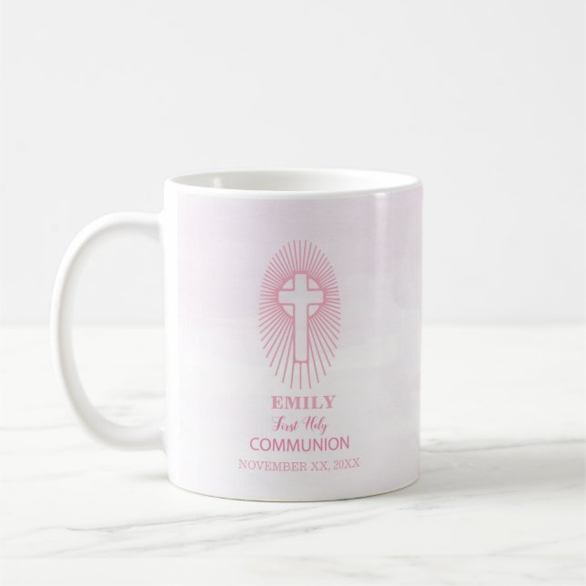 Personalise, Pink First Holy Communion Cross Host Coffee Mug (Left)