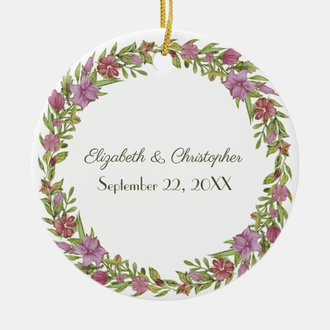 Personalise Pink Green Floral Wedding Date  Ceramic Ornament (Front)
