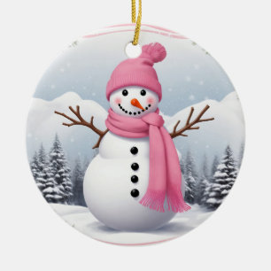 Personalise: Pink Scarf Xmas Snowman Ceramic Ornament