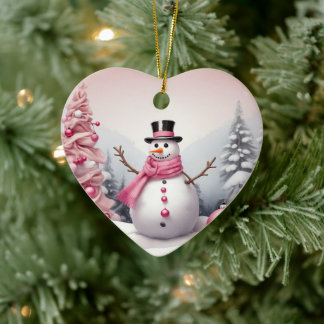 Personalise: Pink Theme Christmas Tree & Snowman Ceramic Ornament