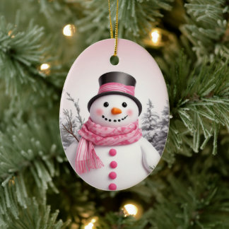 Personalise: Pink Theme Xmas Snowman Ceramic Ornament