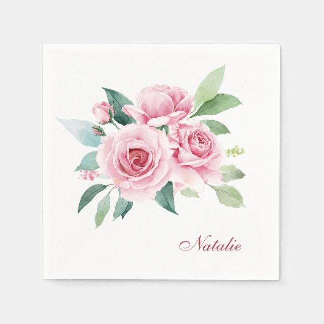 Personalise Pink Watercolor Rose Napkin (Front)