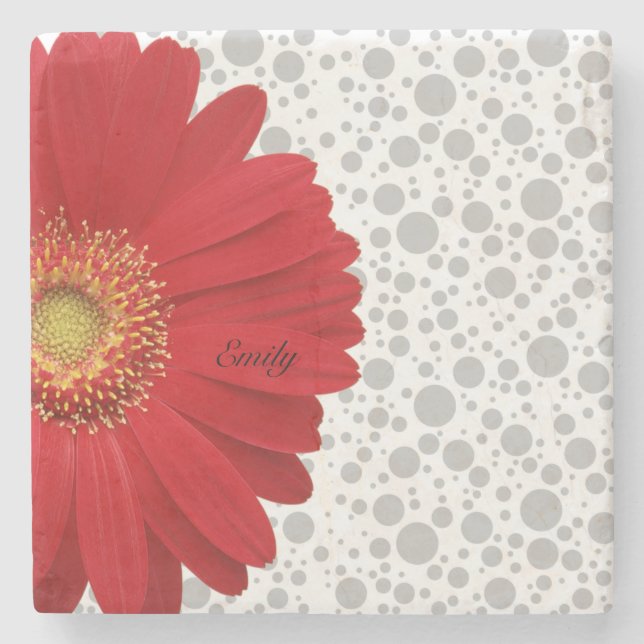 Personalise Polka Dot Red Daisy Stone Coaster (Front)