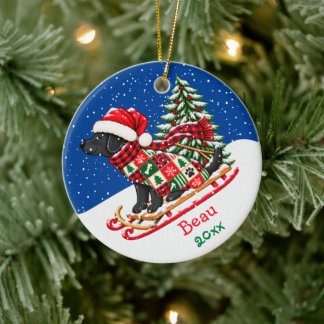 Personalise Preppy Black Lab Christmas Tree Sled Ceramic Ornament