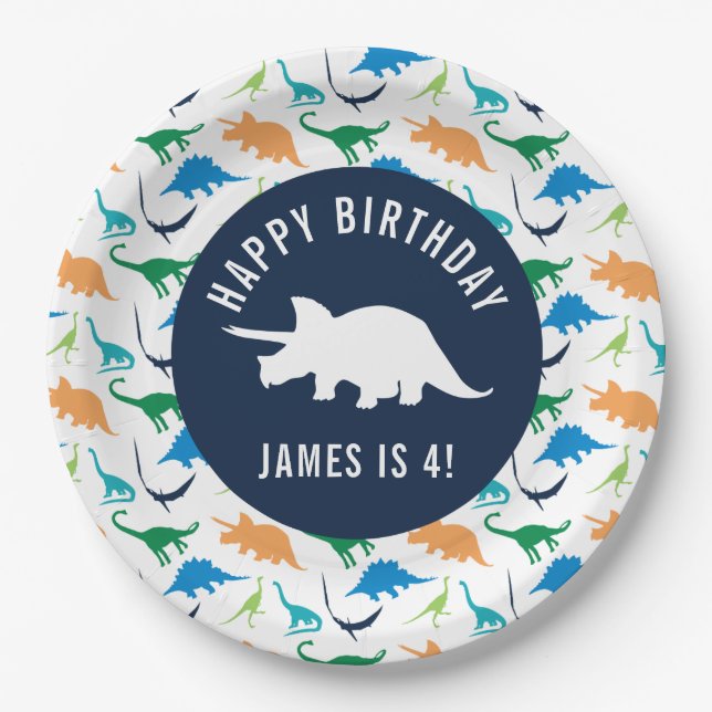 Personalise Preppy Dinosaur Birthday Party Plate (Front)