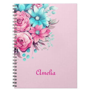 Personalise Pretty Pink & Teal Watercolor Florals Notebook