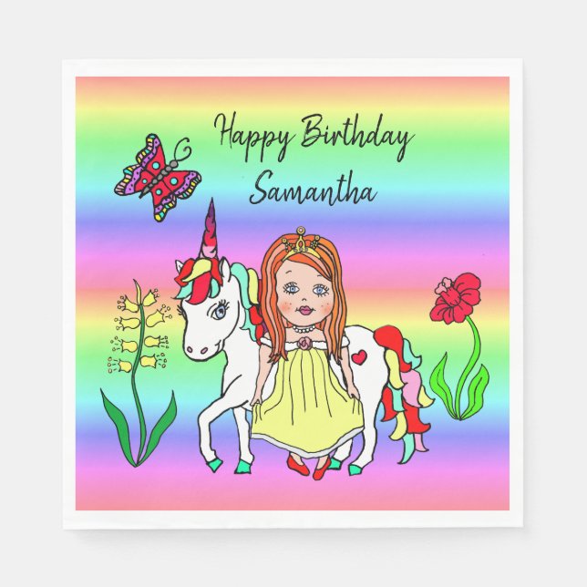 Personalise Princess and Unicorn Rainbow Birthday Napkin (Front)