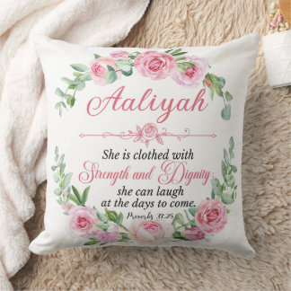 Personalise Prov 31:25 Mother's Day Pink Rose Cushion