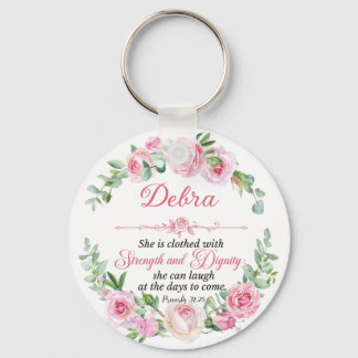 Personalise Prov 31:25 Mother's Day Pink Rose Key Ring