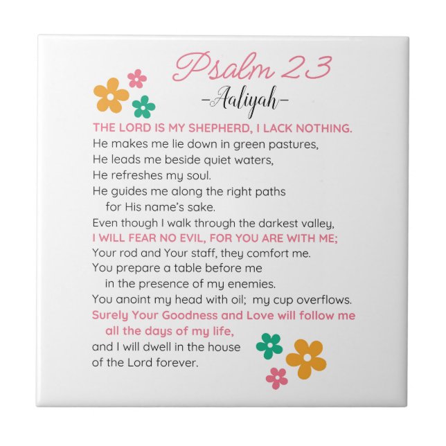 Personalise Psalm 23-NIV Bible Scripture Flowers Ceramic Tile (Front)