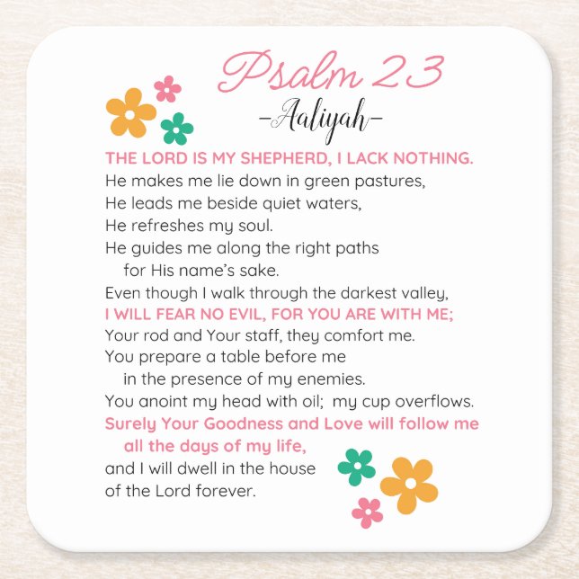 Personalise Psalm 23-NIV Bible Scripture Flowers Square Paper Coaster (Front)