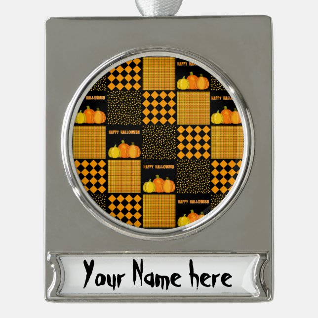 Personalise - Pumpkin Halloween Patchwork Pattern Silver Plated Banner Ornament (Front)